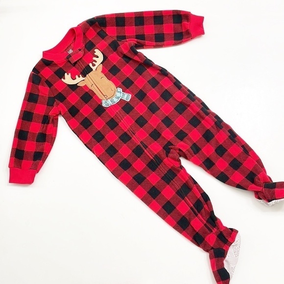 Carter's red/black plaid print Christmas reindeer fleece zip up sleeper footie - Picture 1 of 4